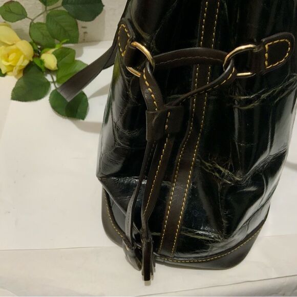 Vntg Dooney & Bourke Croc Embossed Brown Leather Purse Shoulder Bag Bucket Hobo - Picture 16 of 16